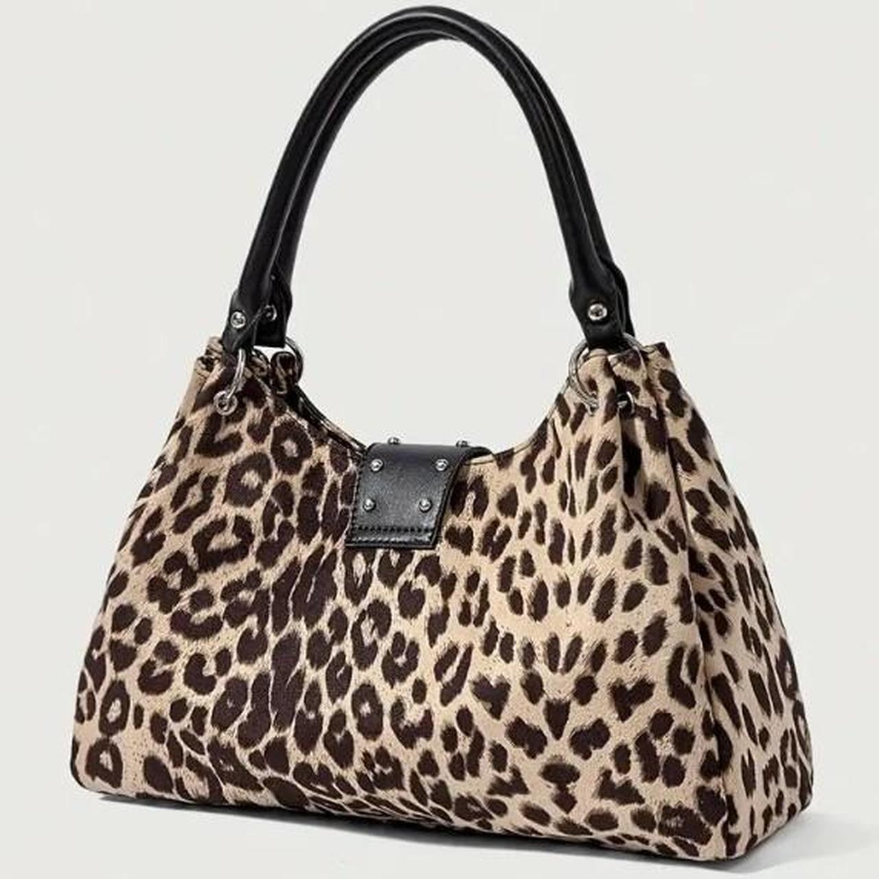 Brown Leopard Print Silver Cross Buckle Shoulder Handbag
