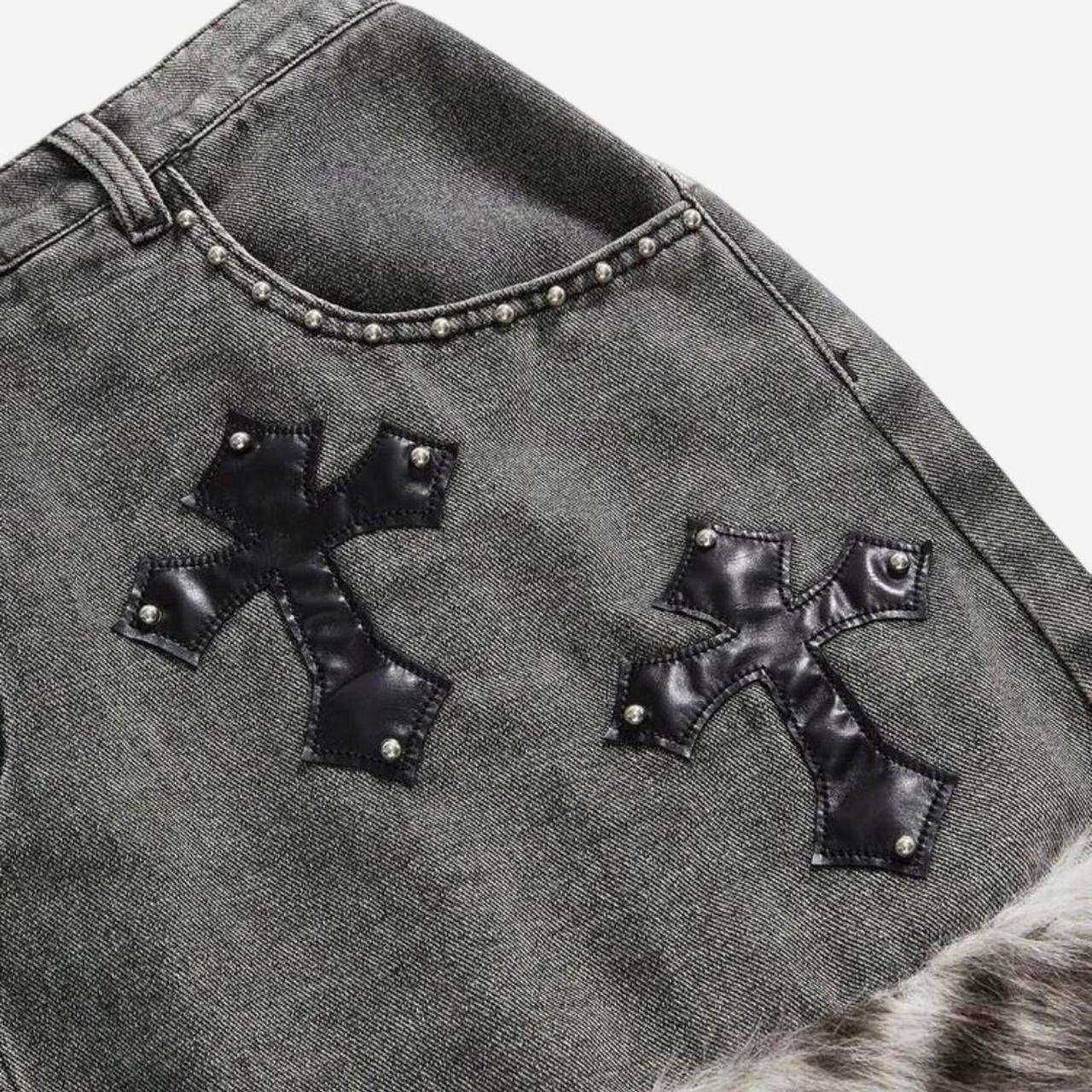 Women's Leopard Furry Grey Black Studded Cross Skirt