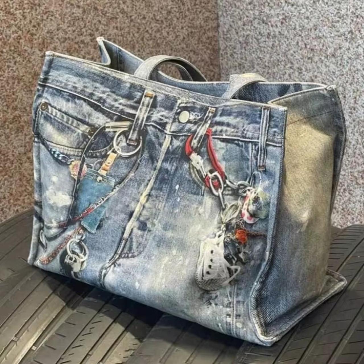 Denim Oversize Blue Graphic Graffiti Handbag