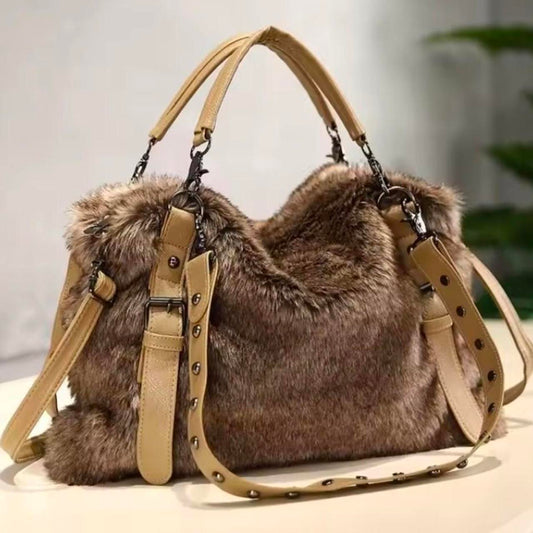 Brown Tan Fur Shoulder Handbag