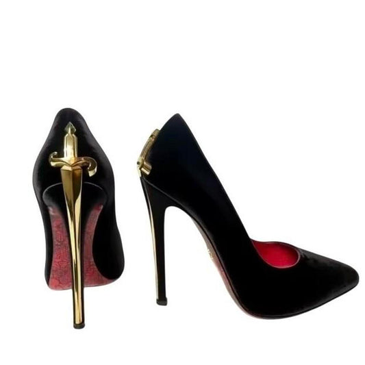 Black Red Bottoms Pointed Toe Gold High Heels