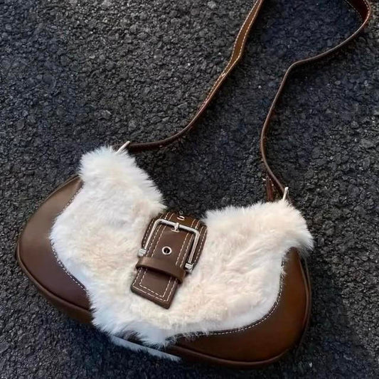 Brown White Fur Plush Buckle Crossbody Shoulder Handbag