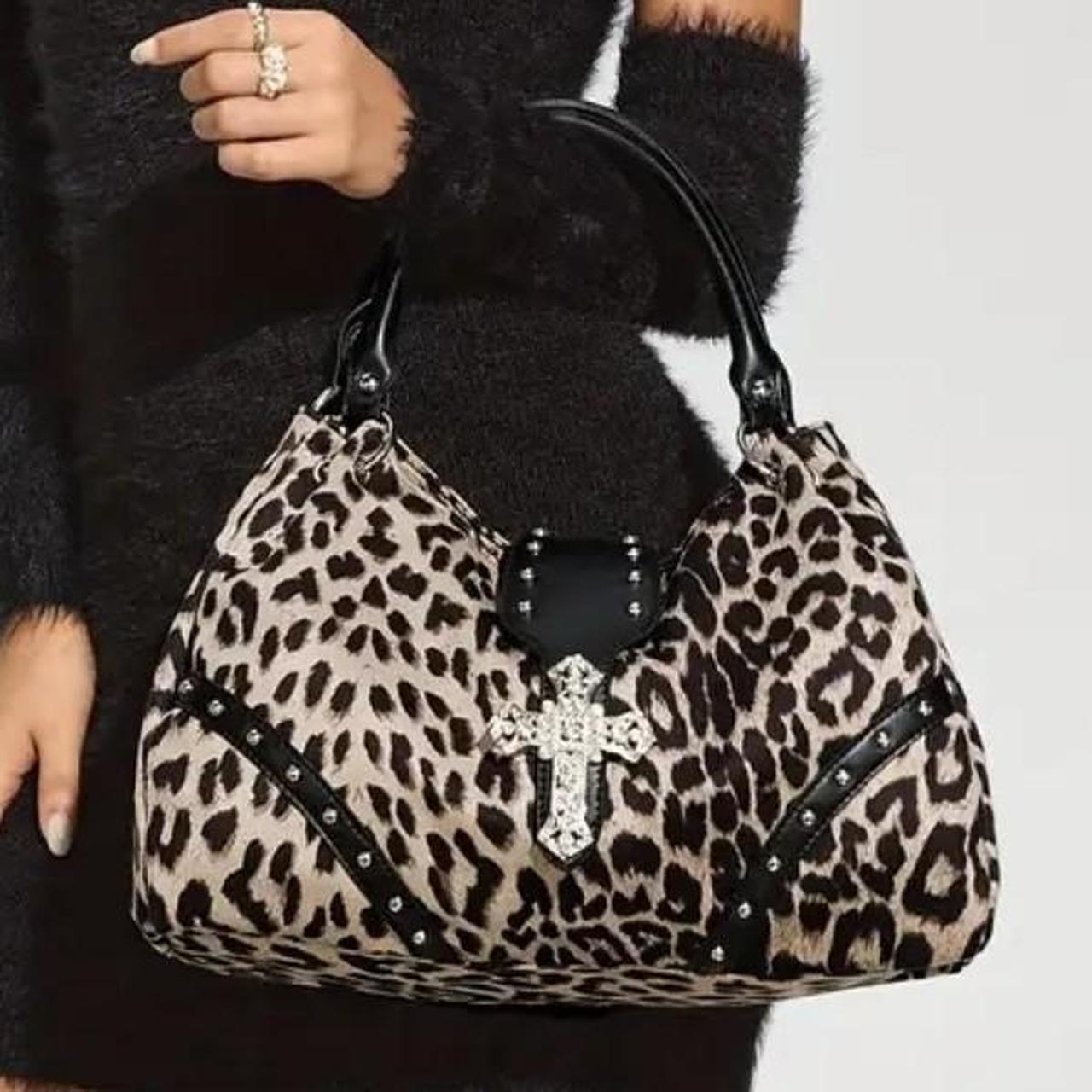 Brown Leopard Print Silver Cross Buckle Shoulder Handbag