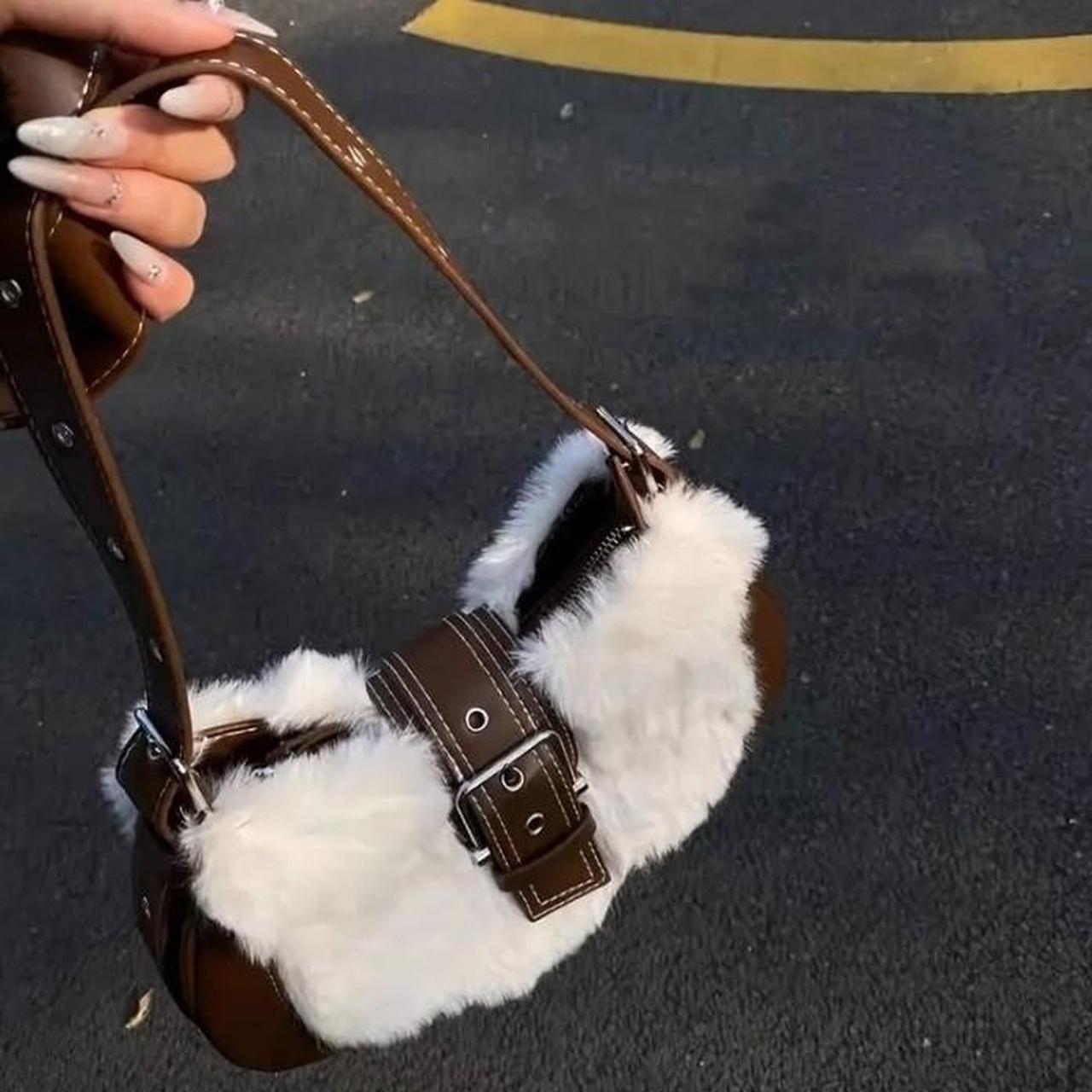Brown White Fur Plush Buckle Crossbody Shoulder Handbag