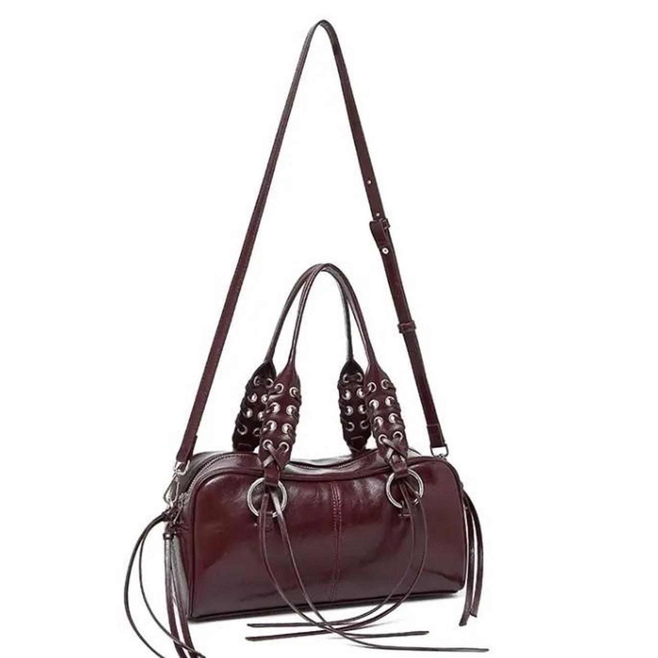 Burgundy Leather Tassel Metal Studded Handbag