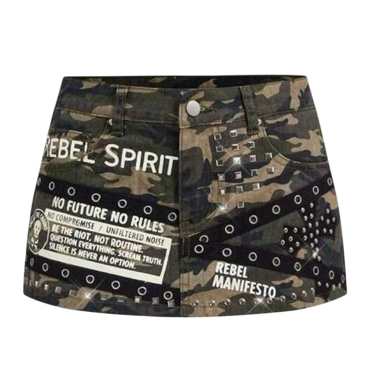 Rebel Spirit Denim Green Camo Mini Skirt