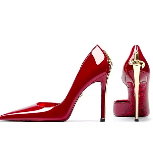 Red Patent Leather Gold Decor High Heels