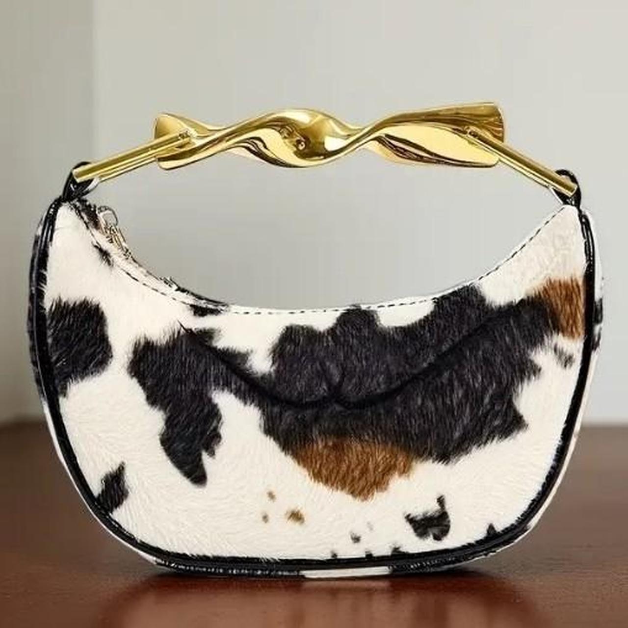 White Multi-Colour Cow Print Tote Gold Handle Handbag