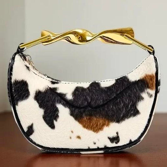 White Multi-Colour Cow Print Tote Gold Handle Handbag
