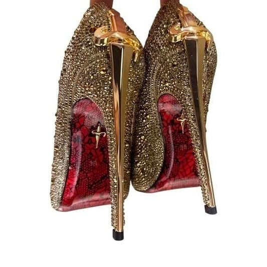 Gold Rhinestone Sword Shaped Stiletto High Heels