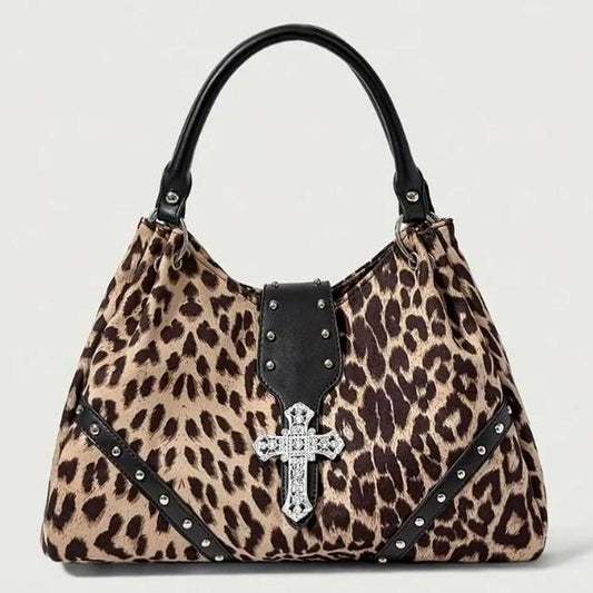 Brown Leopard Print Silver Cross Buckle Shoulder Handbag