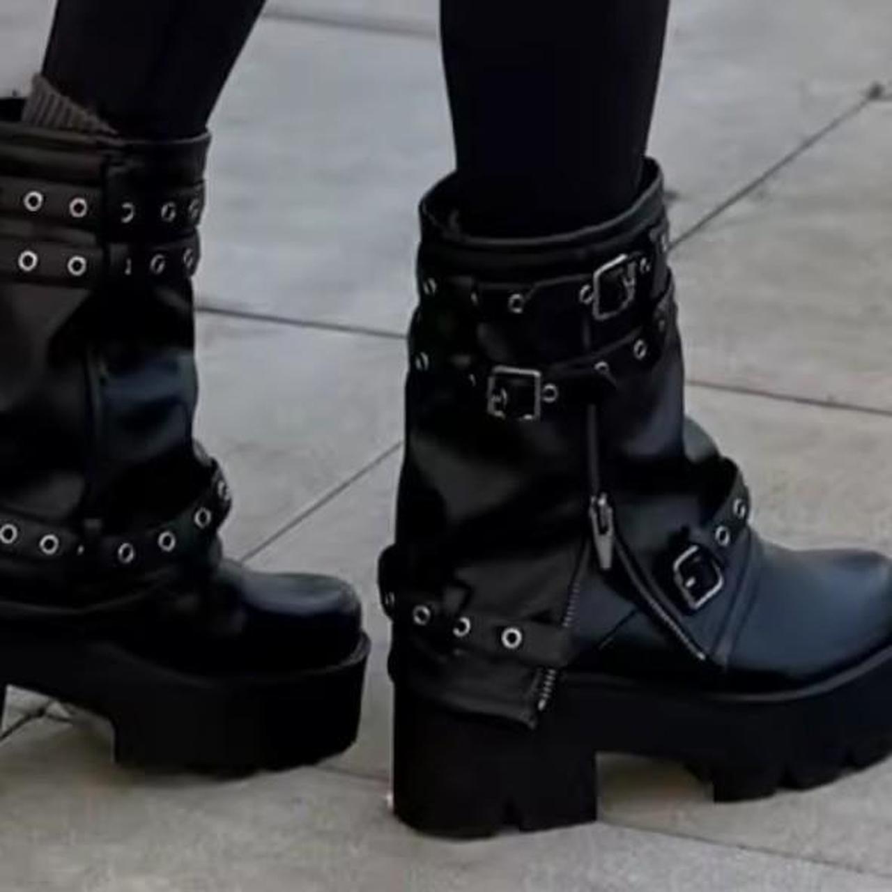 Women's Black Buckle Wedge Boots