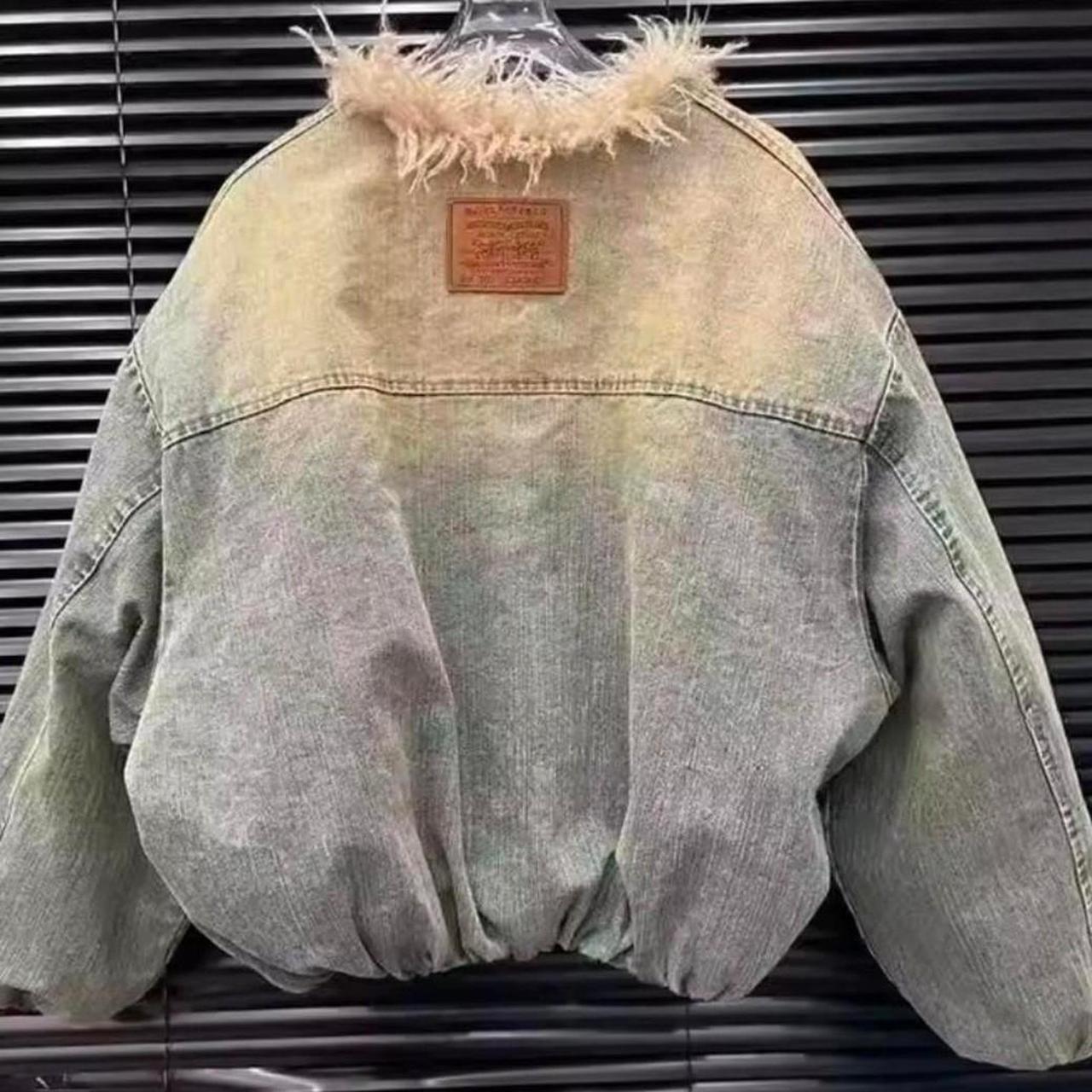 Women's Blue Beige Denim Fur Trim Coat