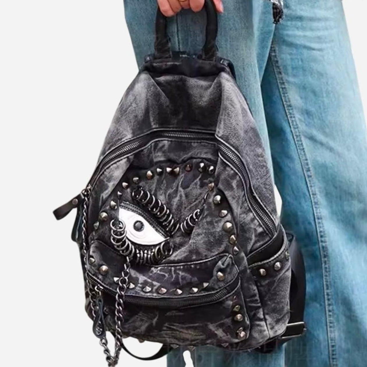Black Denim Studded Backpack