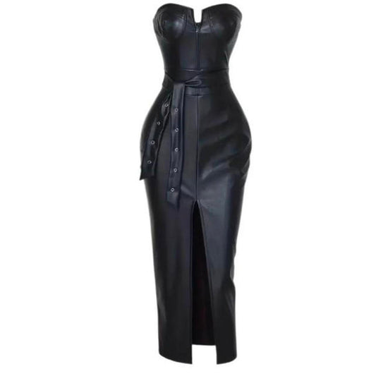 Women's Black Leather Long Dress