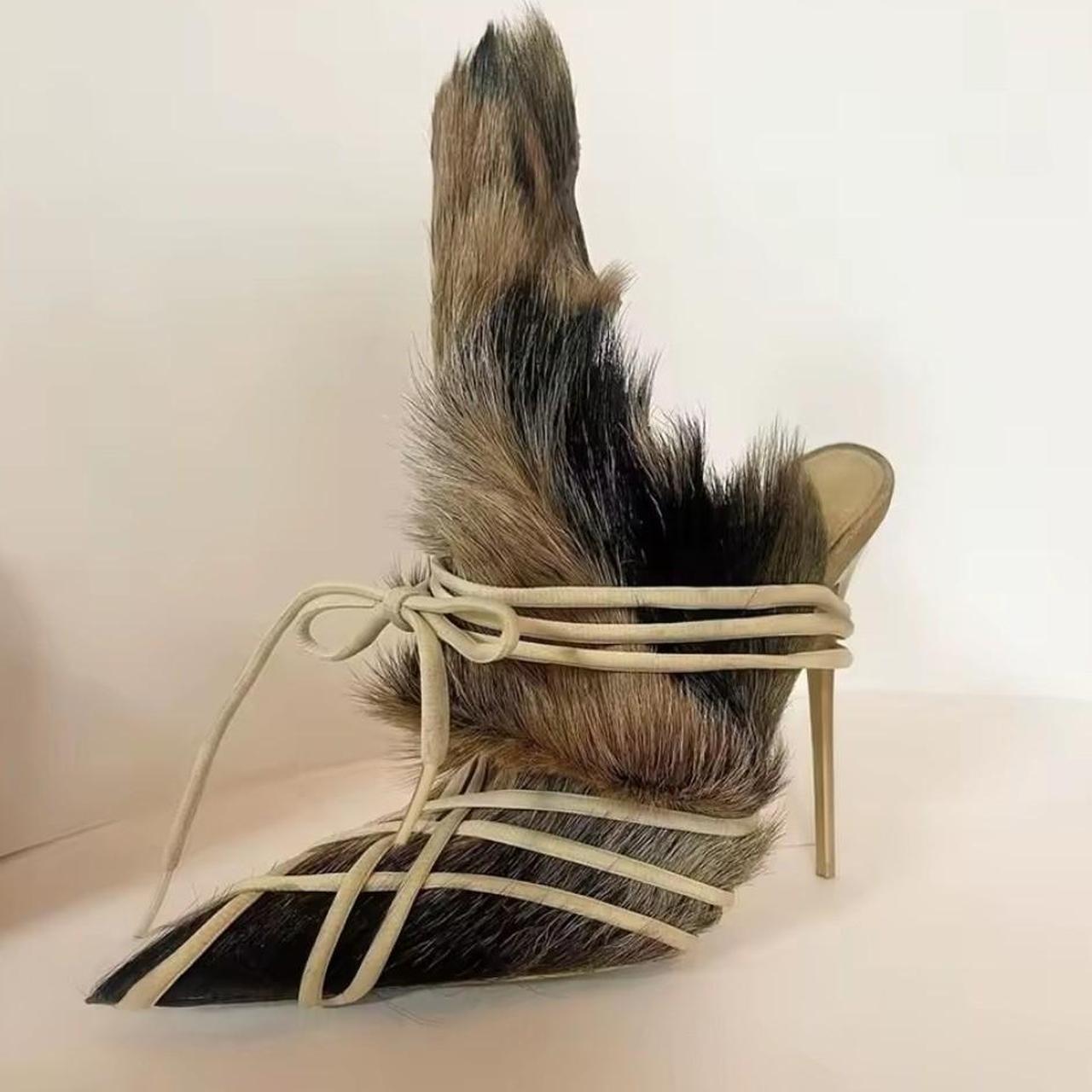 Women's Beige Black Fur Sandal High Heels