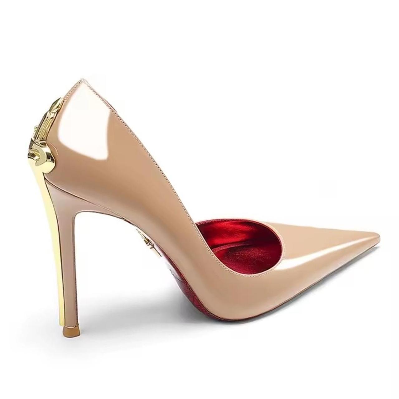 Cream Beige Patent Leather Gold Decor High Heels