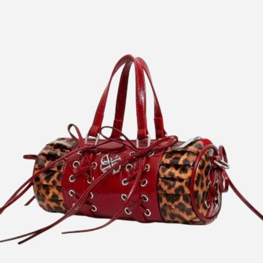 Red Leopard Print Laceup Handbag