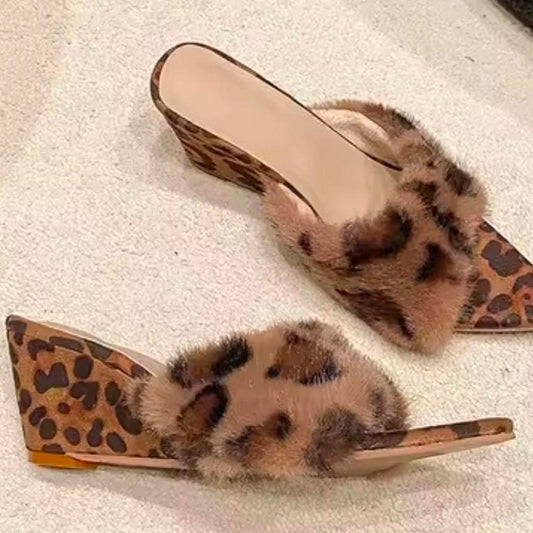 Leopard Print Plush Fur wedge Sandal Heels