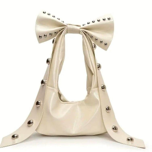 Cream White Bow Studded Handbag