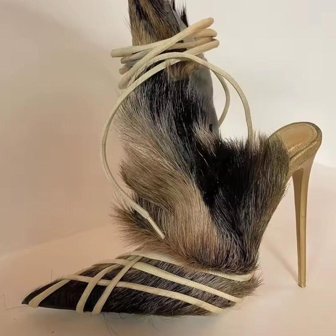 Women's Beige Black Fur Sandal High Heels