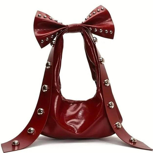 Burgundy Leather Bow Studded Handle Handbag