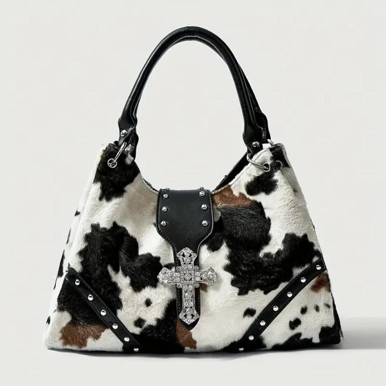 Black Multi-Colour Cowhide Leather Silver Studs Cross Handbag