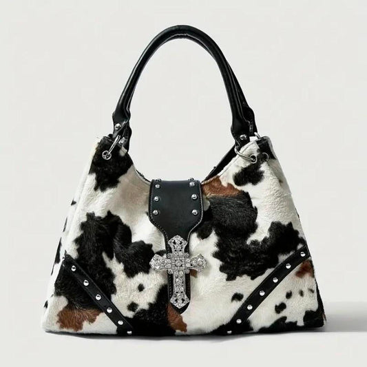 Black Multi-Colour Cowhide Leather Silver Studs Cross Handbag
