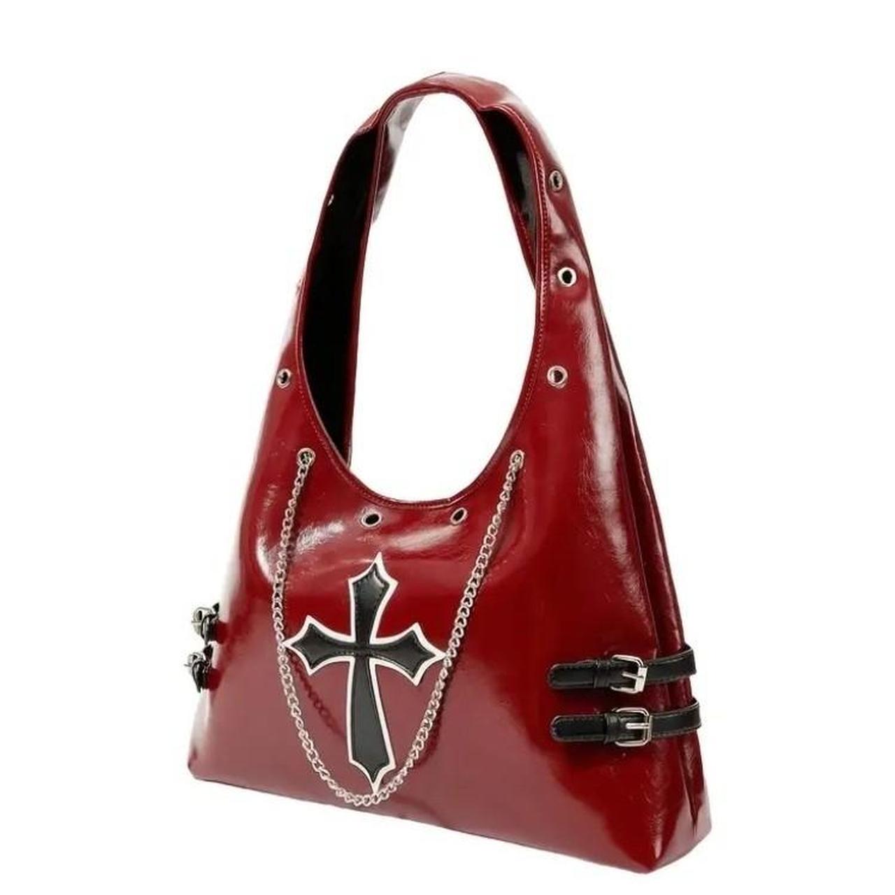 Burgundy Red Leather Silver Chain Cross Handbag