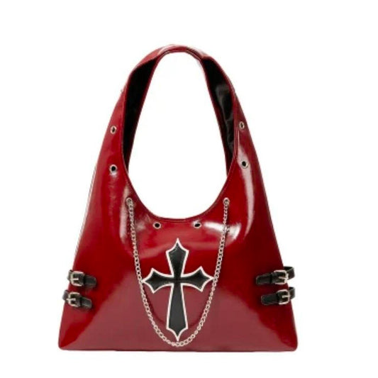 Burgundy Red Leather Silver Chain Cross Handbag
