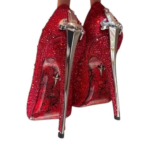 Red Rhinestone Sword Shaped High Heels
