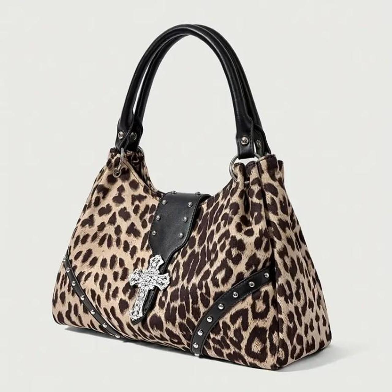 Brown Leopard Print Silver Cross Buckle Shoulder Handbag