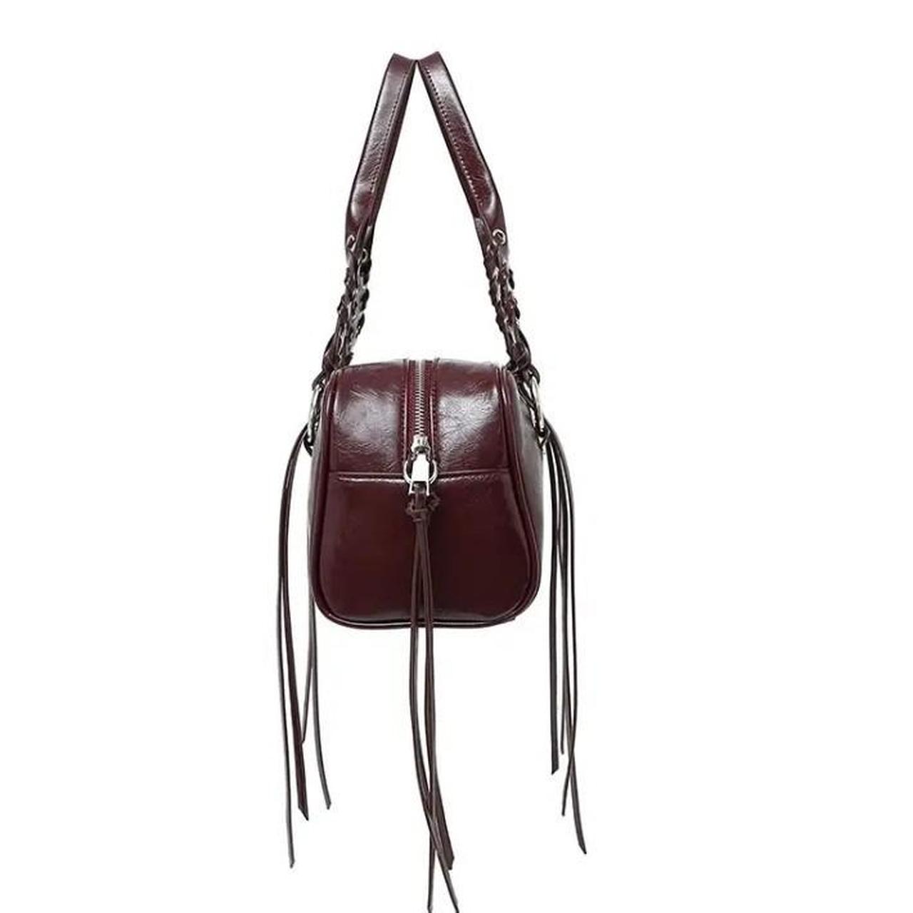 Burgundy Leather Tassel Metal Studded Handbag