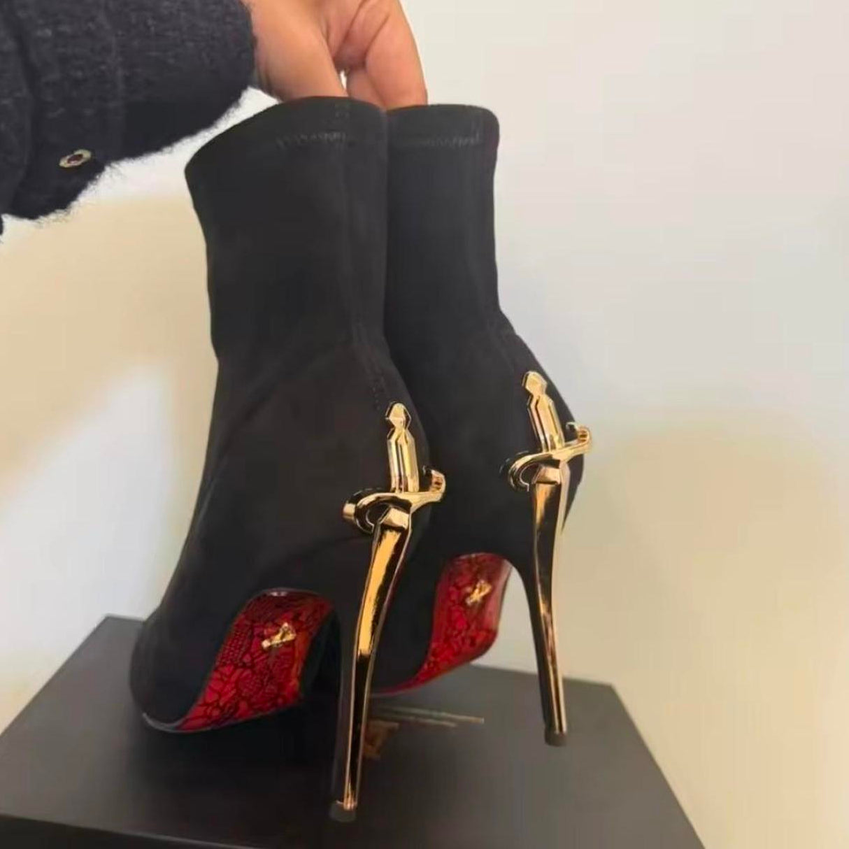Women's Black Velvet Red Bottom Heel Boots