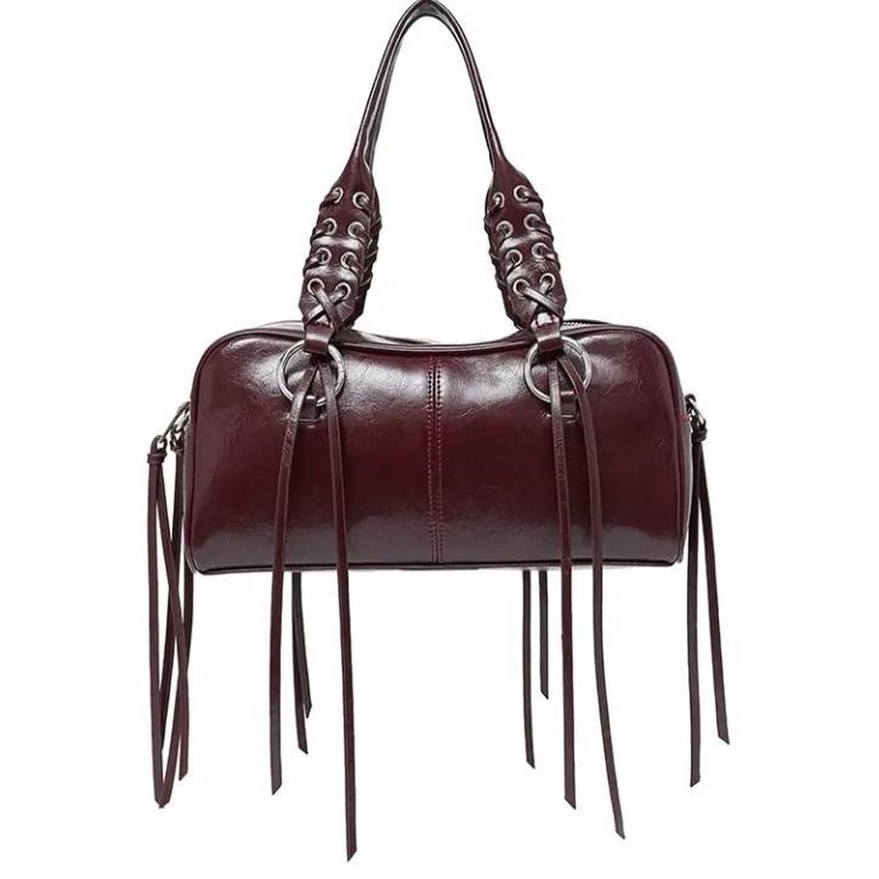 Burgundy Leather Tassel Metal Studded Handbag