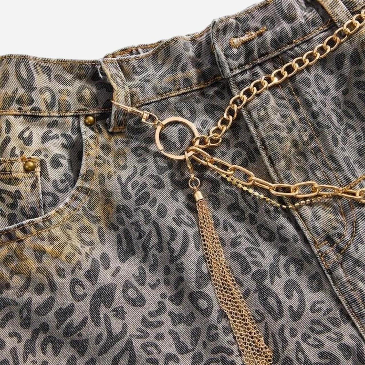 Leopard Grey Denim Gold Chain Shorts