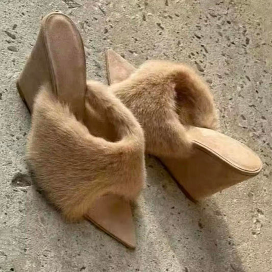 Wedge Slippers Plush Fur High Heels