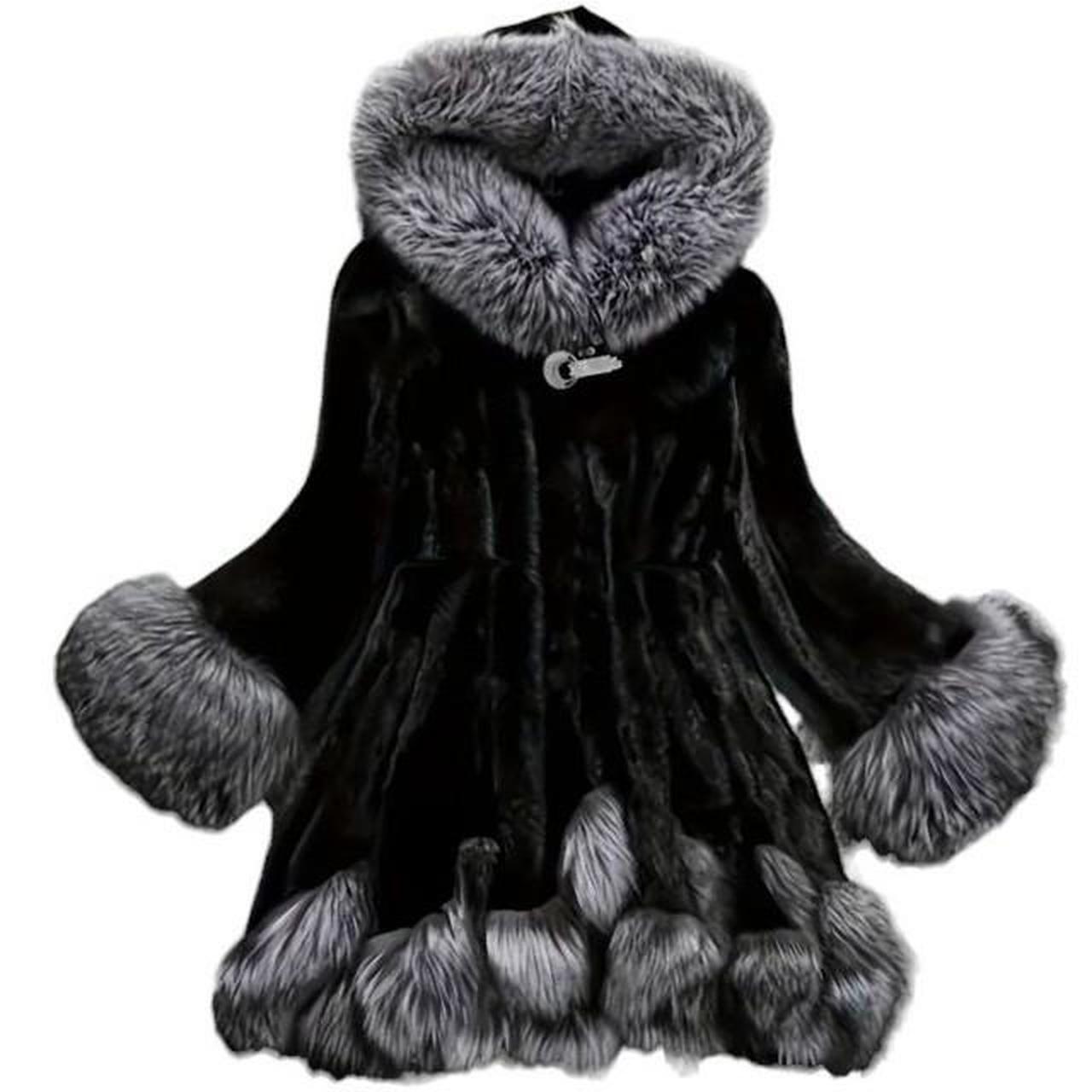 Women's Black Grey Fur Hooded Coat