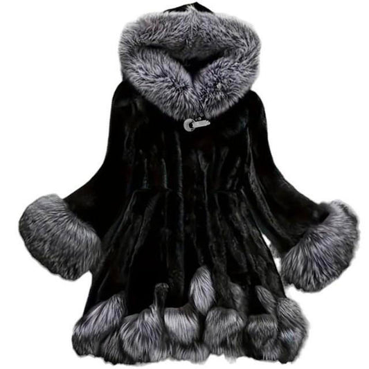 Women's Black Grey Fur Hooded Coat