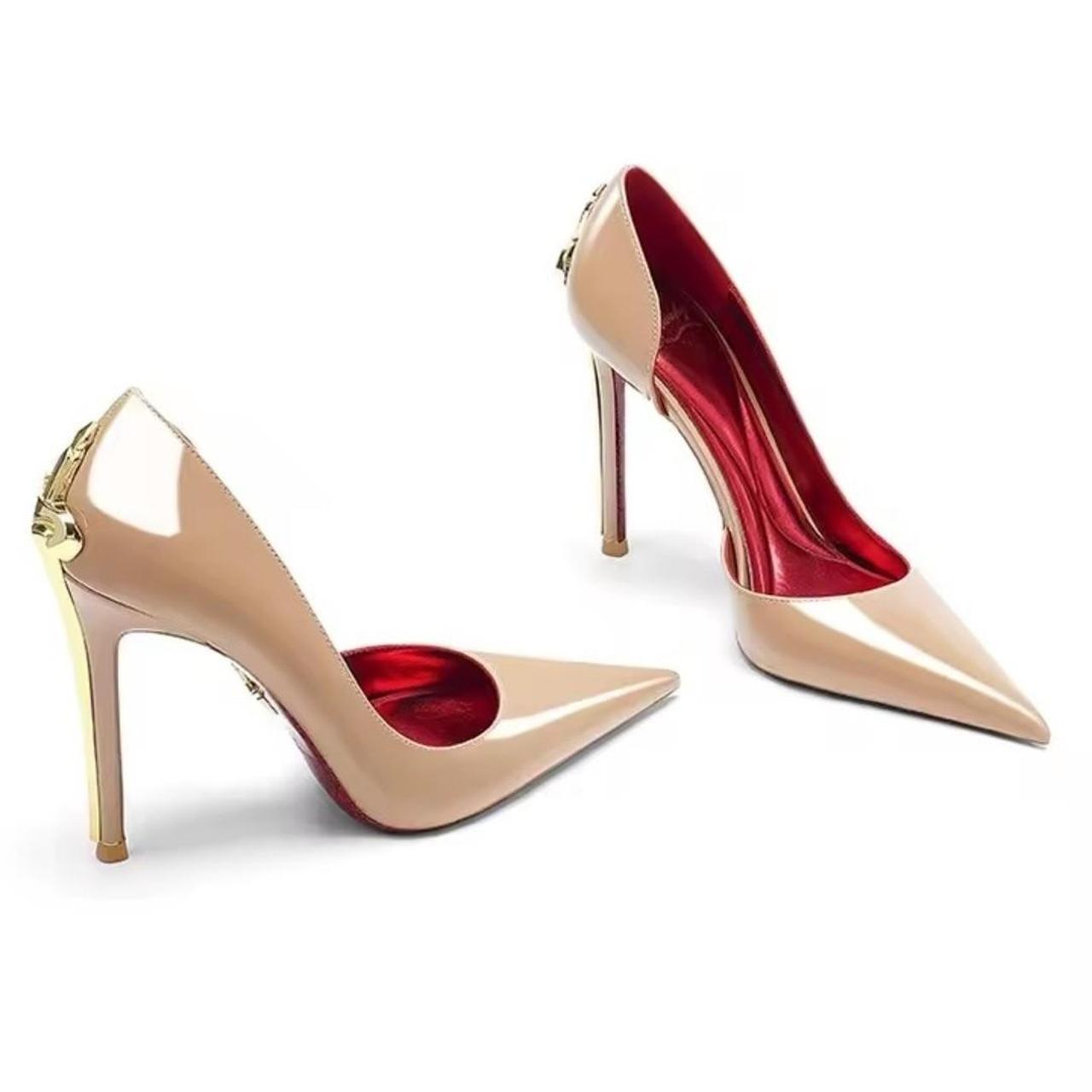 Cream Beige Patent Leather Gold Decor High Heels