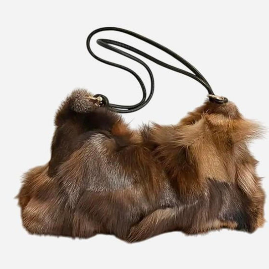 Brown Multi-Colour Plush Fur Shoulder Handbag