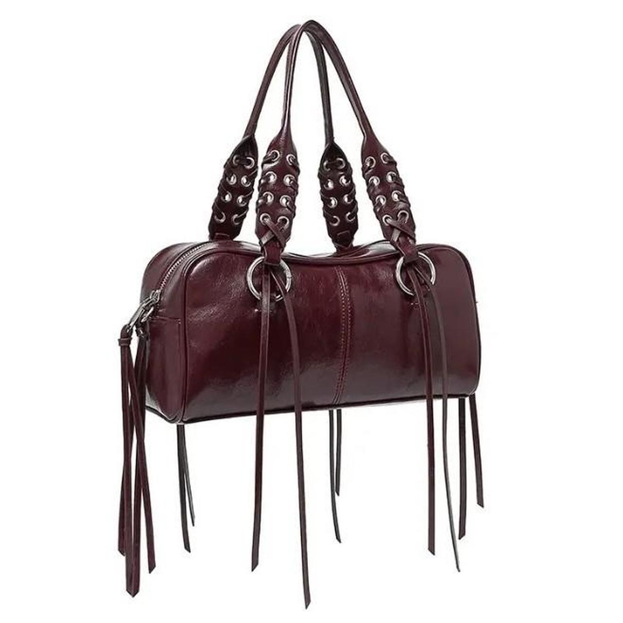 Burgundy Leather Tassel Metal Studded Handbag