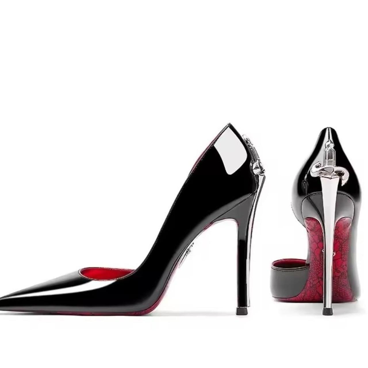 Black Patent Leather Pointed Toe Silver Decor High Heels