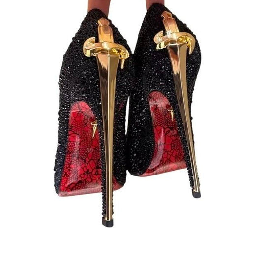 Black Rhinestone Sword Shaped High Heels