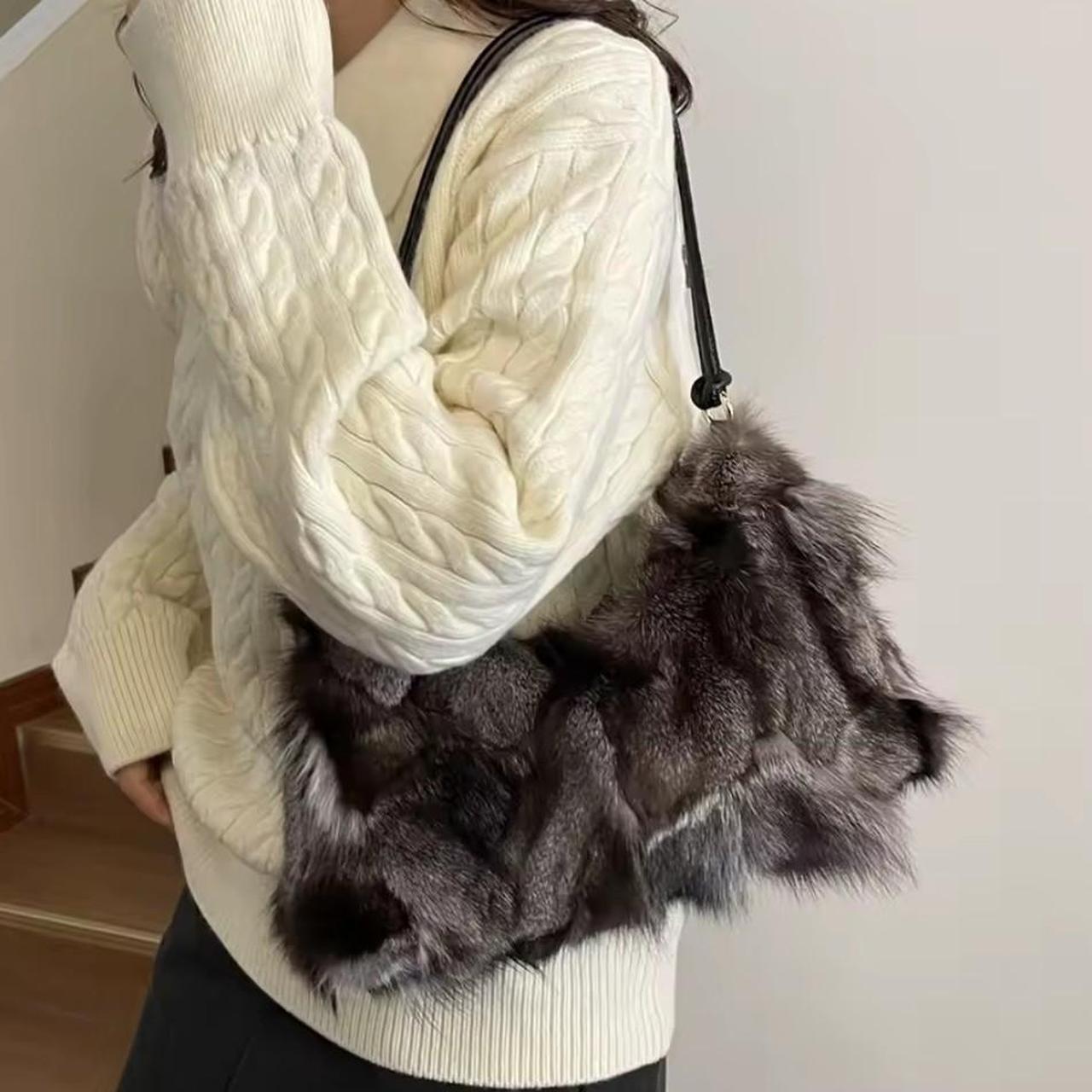 Grey Multi-Colour Plush Fur Shoulder Handbag