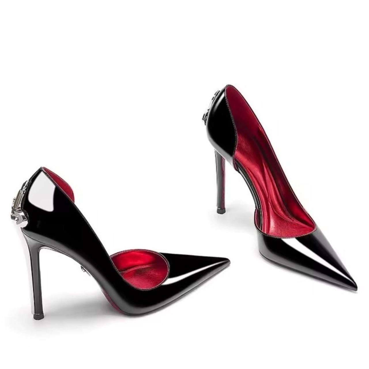 Black Patent Leather Pointed Toe Silver Decor High Heels