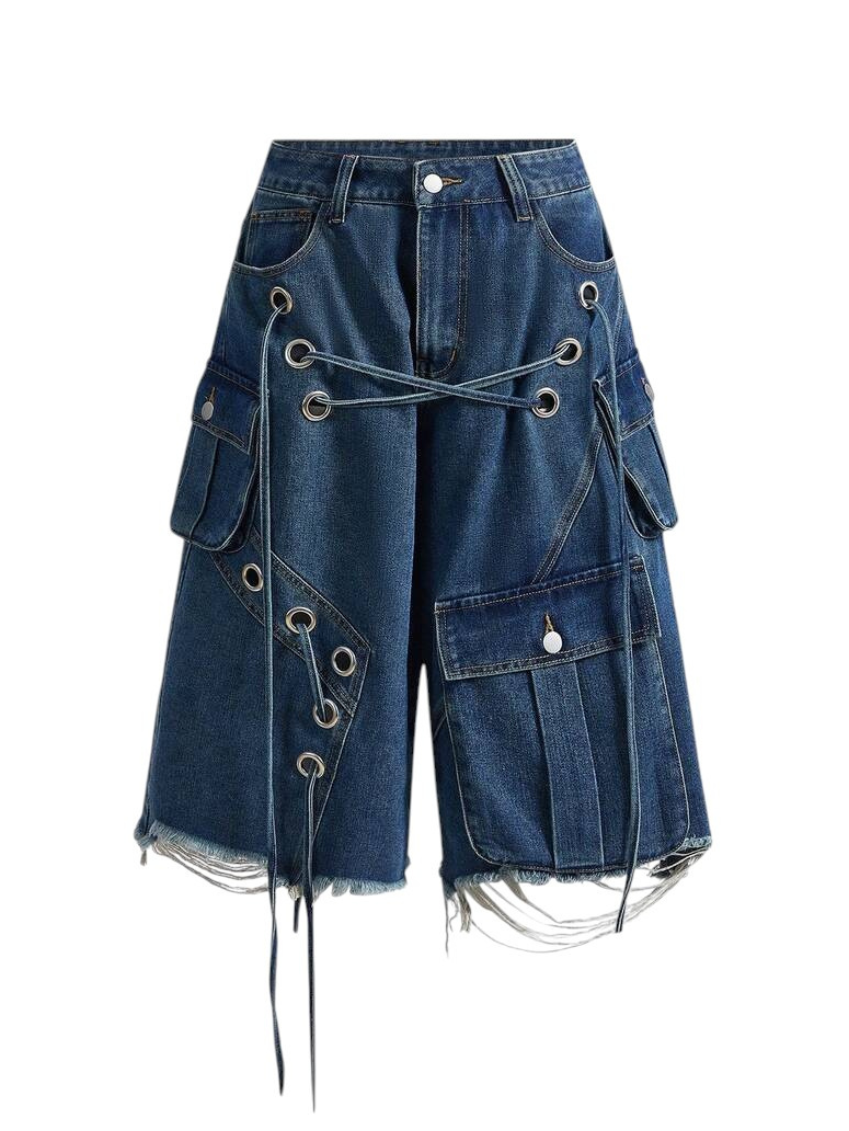 Dark Wash Heavy Distressed Low Rise Denim Capri Pants