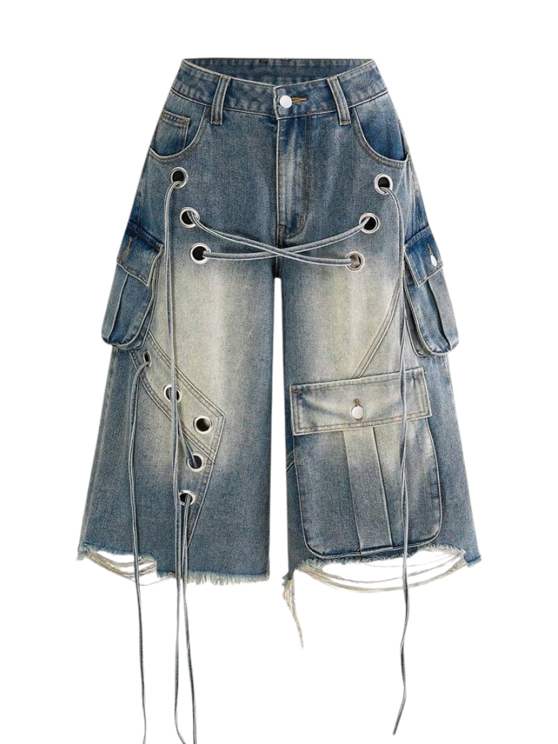 Blue Oversized Distressed Low Rise Denim Capri Pants