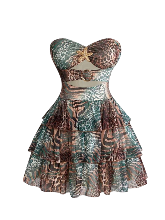 Plus Size Strapless Animal Print Ruffle Hem Mini Dress
