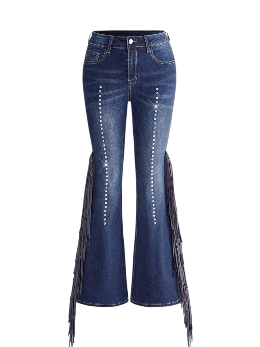 Women's Vintage Wash Side Tassel Rivet Low Rise Denim Jeans